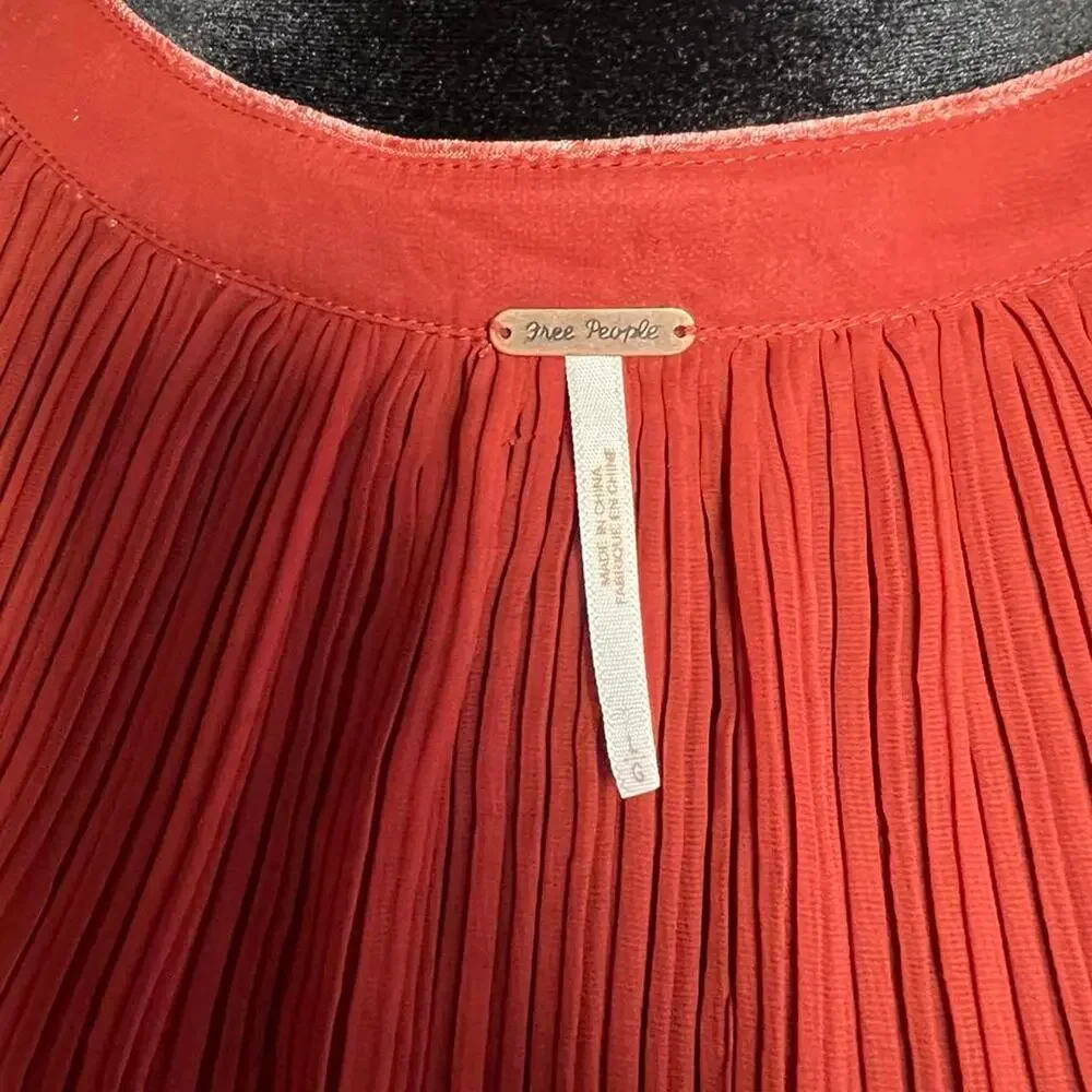 Free People Velvet Trim Pleated Blouse Top Brick Red Size L